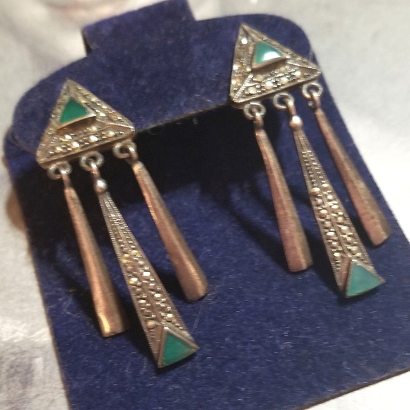 Antique Jewelry - 1920s Antique Art Deco Green Onyx Marcasite Sterling Dangle Earrings